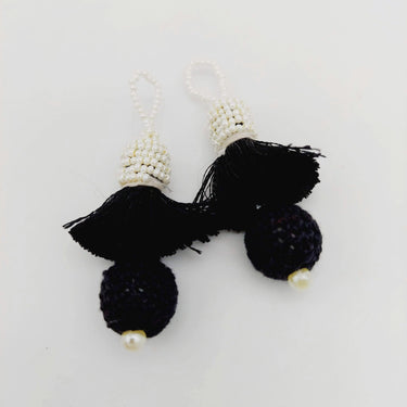 Black Crochet Ball Tassels With White Pearls Beads, Tassel Charms, Nylon Tassels x 2
